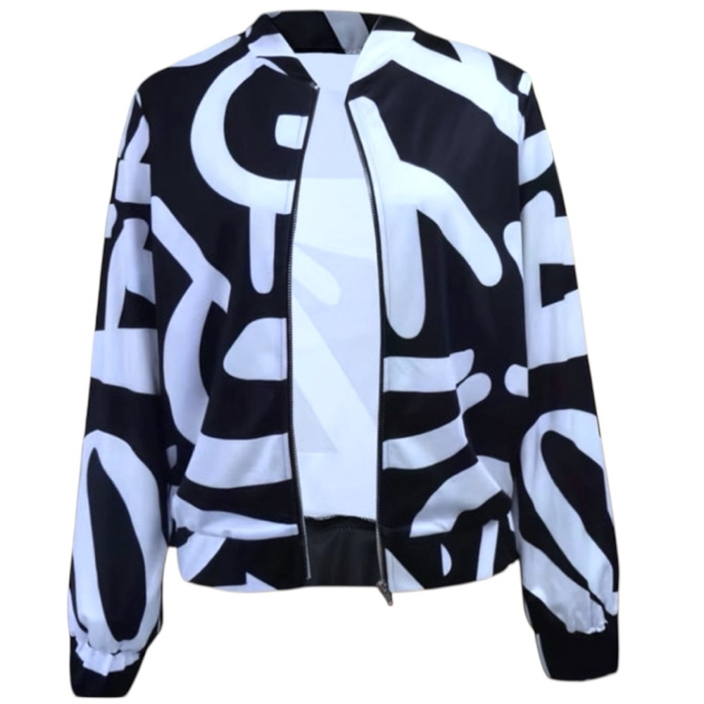 New Black & White Abstract Print Zip-Up Bomber Jacket - Picture 13 of 16